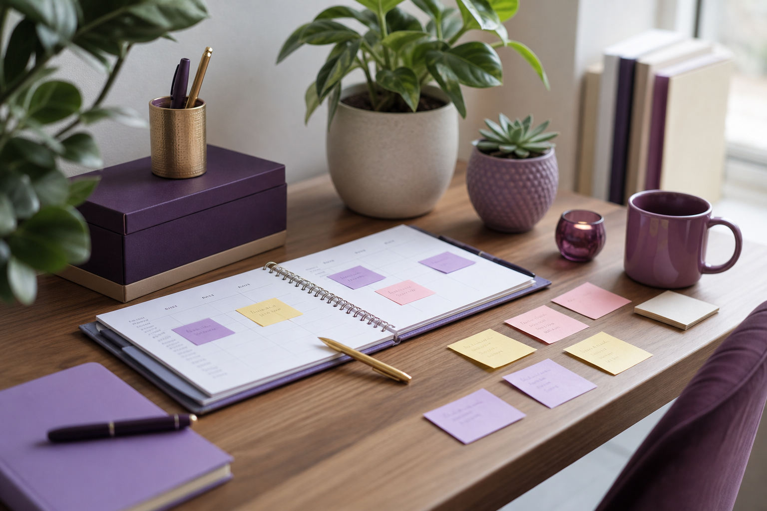 Organized desk with a routine planner and colorful sticky notes